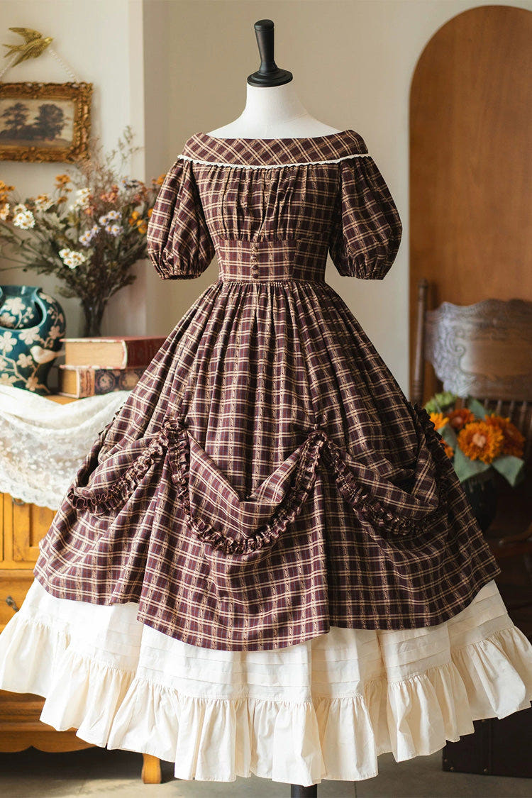 Dark Red [Forest Picnic] Boat Neck Short Sleeves Printed Lift-Hem Ruffled Classic Vintage Elegant Lolita Dress - Dark-Red - 1