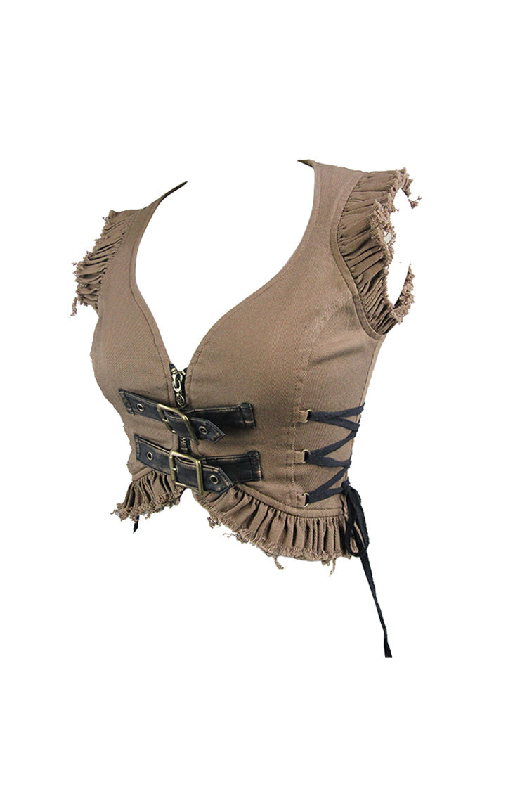 Brown Hand-Rubbed Leather Low Collar Loop Side Lace-Up Frill Hem Short Women's Punk Waistcoat - Product - 8