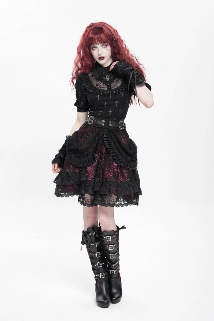 Black/Red Multi-Layered Ruffle Buckle Straps Women's Gothic Skirt - Product - 12
