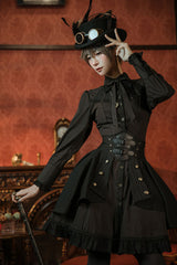Black/Brown Single Breasted Long Sleeves Ruffled Striped Print Ouji Lolita Dress - Product - 4