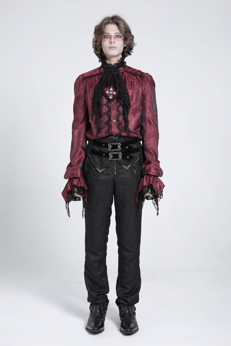 Red Long Puff Sleeves Men's Gothic Blouse with Lace Necktie - Product - 5