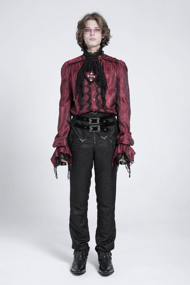 Red Long Puff Sleeves Men's Gothic Blouse with Lace Necktie - Product - 5