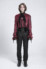 Red Long Puff Sleeves Men's Gothic Blouse with Lace Necktie - Product - 5