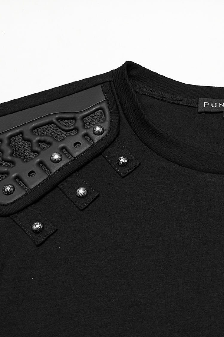 Black Round Collar Sleeveless Studded Stitching Shoulder Patched Men's Punk Vest - Product - 5