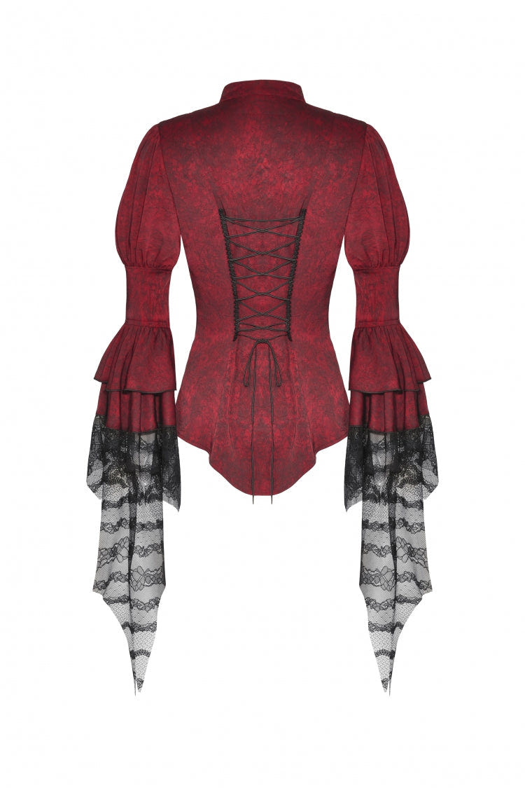 Red Multi-Layered Frilly Lace Long Hime Sleeves Lace-Up Women's Gothic Blouse - Product - 11