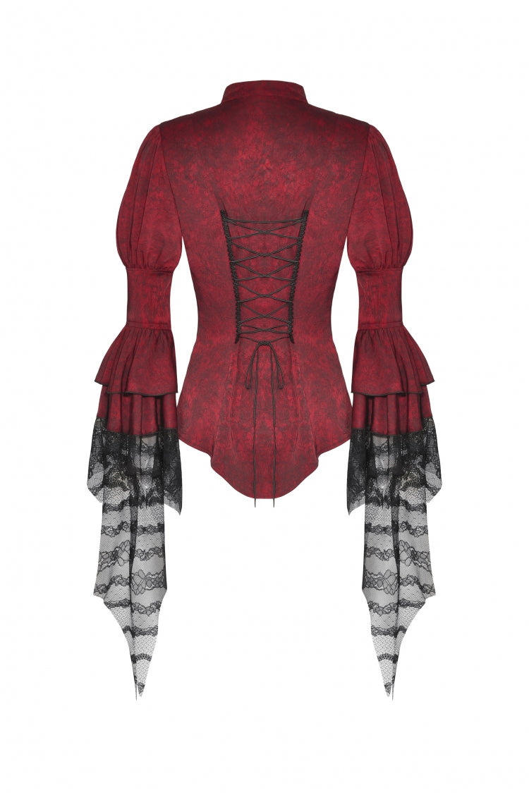 Red Multi-Layered Frilly Lace Long Hime Sleeves Lace-Up Women's Gothic Blouse - Product - 11