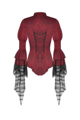 Red Multi-Layered Frilly Lace Long Hime Sleeves Lace-Up Women's Gothic Blouse - Product - 11