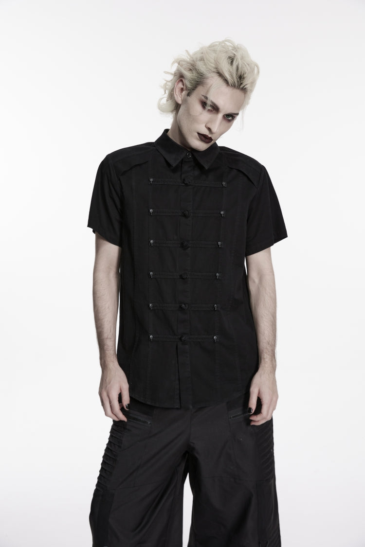 Black Lapel Collar Short Sleeves Studded Men's Punk Skull Handsome Cool Shirt - Product - 3