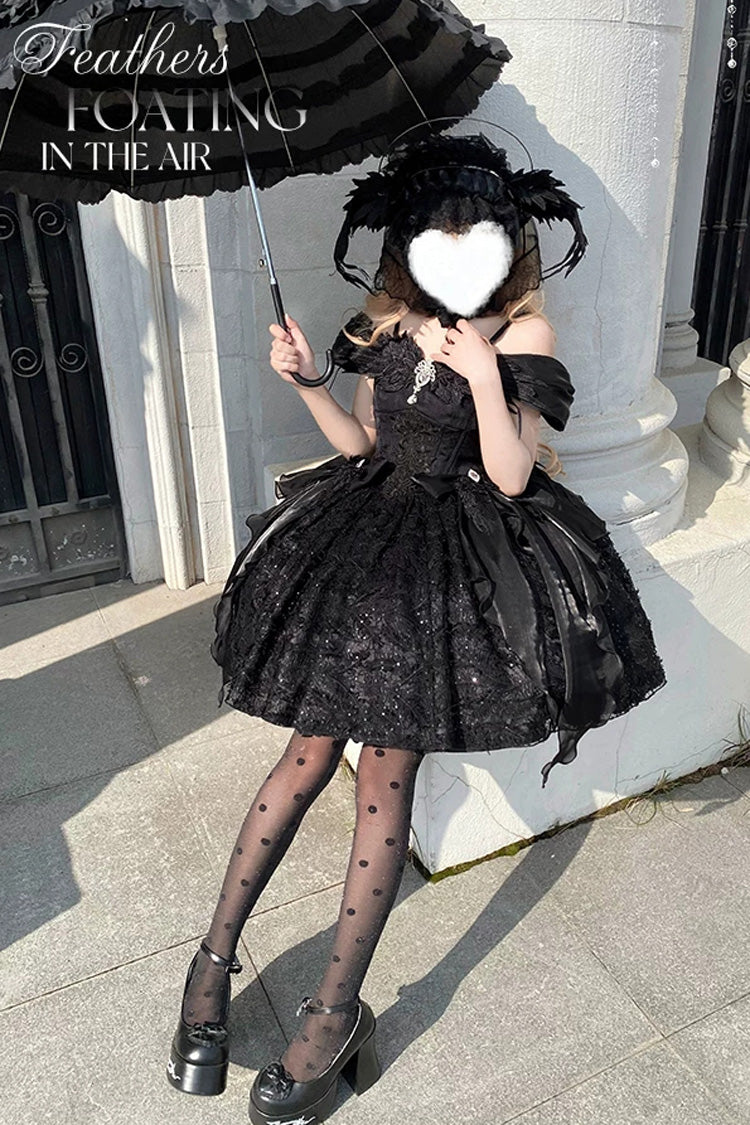 Black [Feathers Floating In The Air] Square Collar Flutter Sleeves Embroidered Bow Lace Gothic Lolita Jsk Dress - Product - 9
