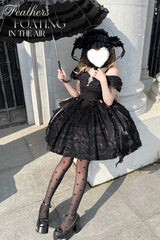 Black [Feathers Floating In The Air] Square Collar Flutter Sleeves Embroidered Bow Lace Gothic Lolita Jsk Dress - Product - 9