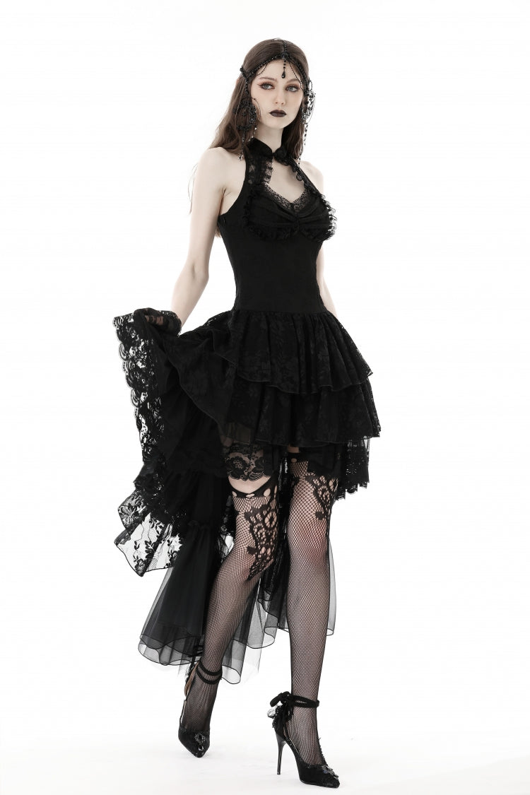 Black Off Shoulder Halterneck Sleeveless Irregular High Low Multi-Layered Lace Women's Gothic Dress - Product - 6