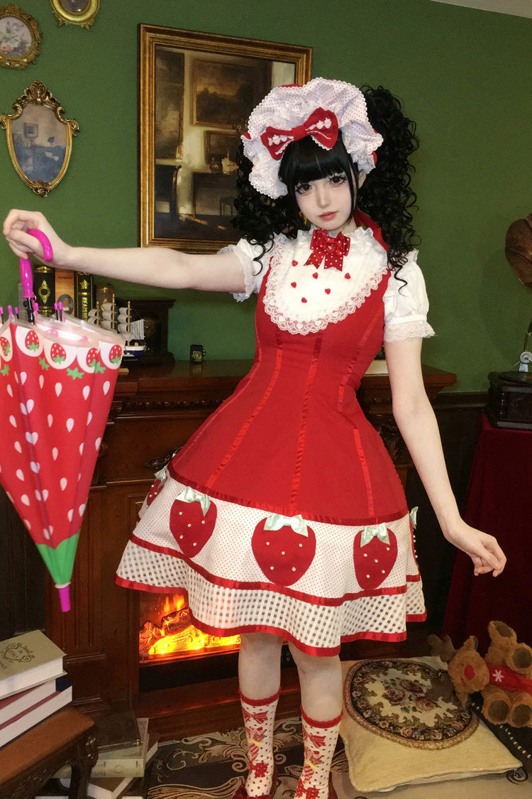 [Miss Peculiar Strawberry] Stand Collar Sleeveless Printed Bow Sweet Lolita Dress 2 Colors (Red, Blue/Black) - Product - 7