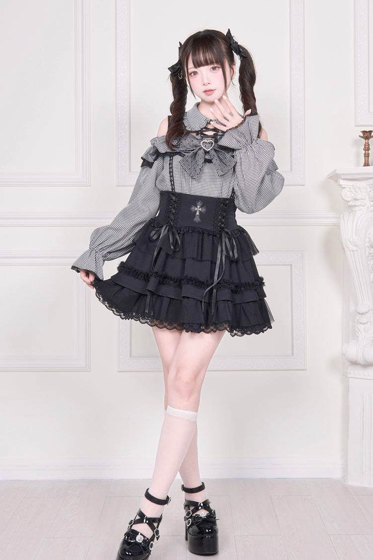Jirai Kei Off Shoulder Long Sleeves Print Bowknot Lace-Up Sweet Japanese Blouse 3 Colors - Product - 5