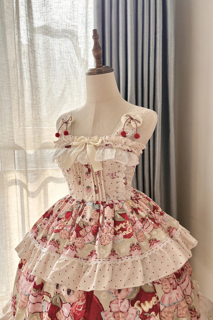Ivory Strawberry Bear Sleeveless Double-Layered Print Ruffle Bowknot Sweet Princess (Dress Only) detail view 5