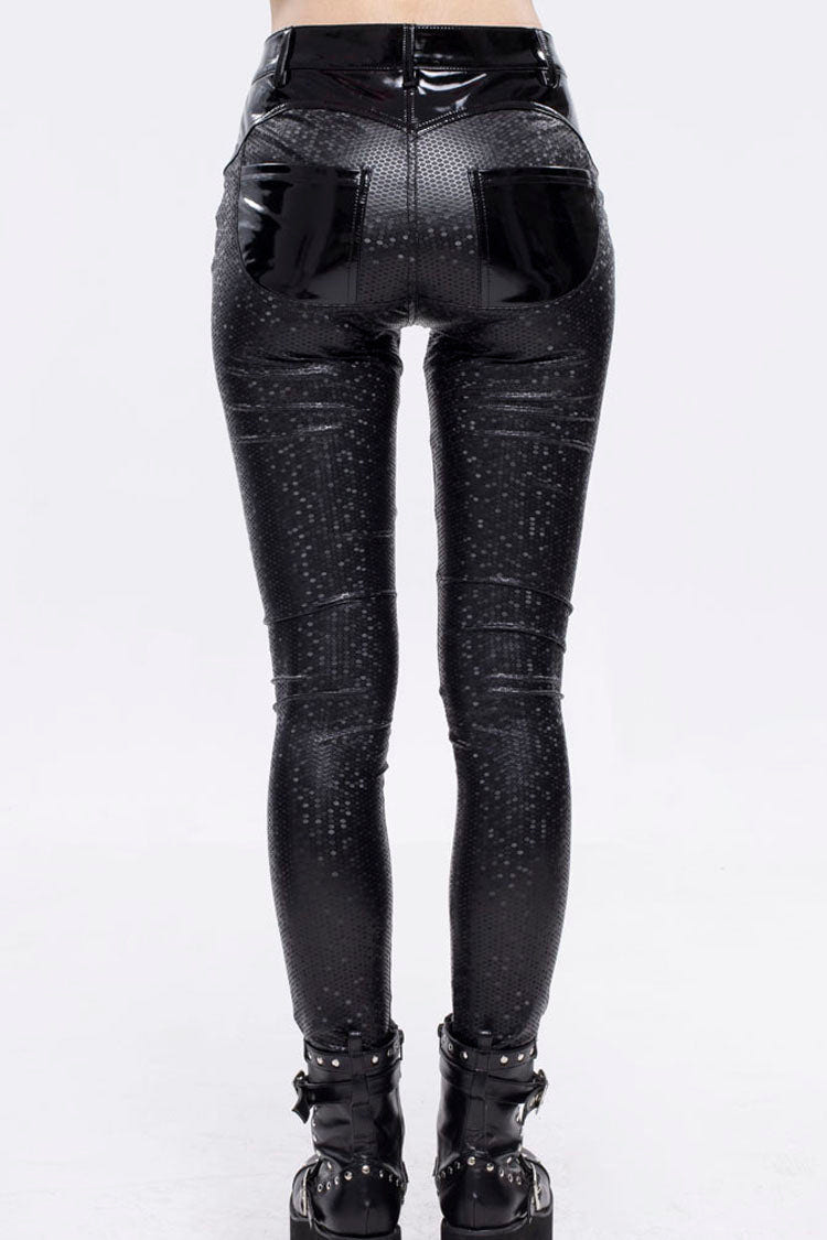Black Gothic Hexagon Pattern Irregular Star Reflection Shiny Elasticity Leather Women's Leggings - Product - 5