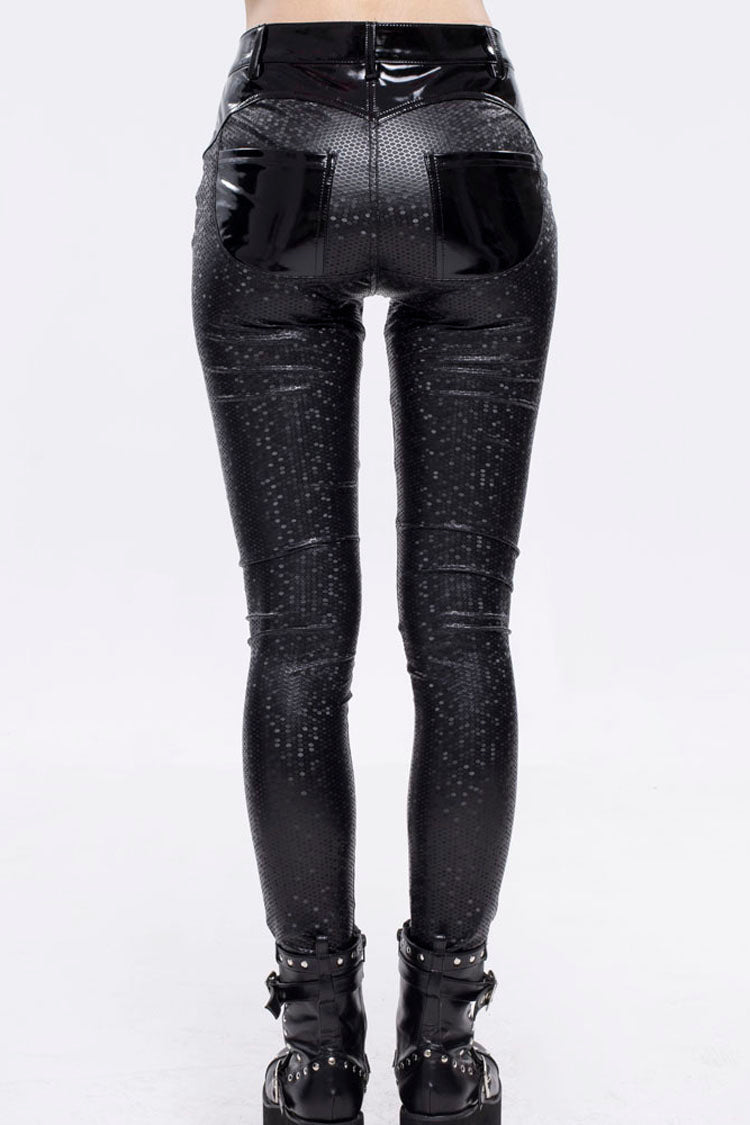 Black Gothic Hexagon Pattern Irregular Star Reflection Shiny Elasticity Leather Women's Leggings - Product - 5