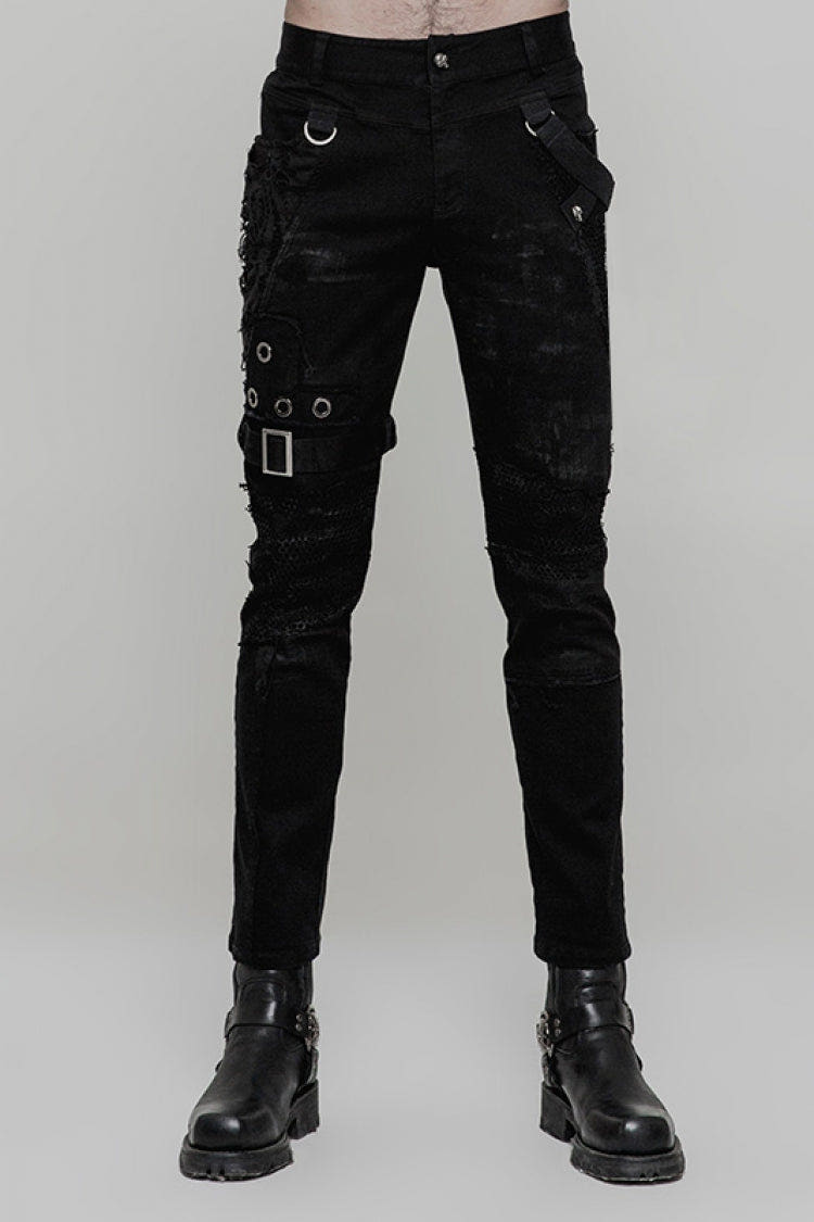 Black Metal Ring Buckles Stitching Mesh Men's Steampunk Pants - Black - 1