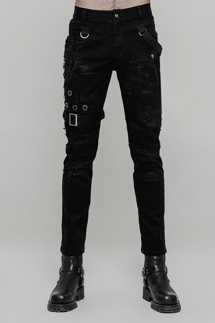 Black Metal Ring Buckles Stitching Mesh Men's Steampunk Pants - Black - 1
