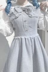 Grey Long Sleeves Bowknot Lace Pearl Sweet Jirai Kei Dress - Product - 5
