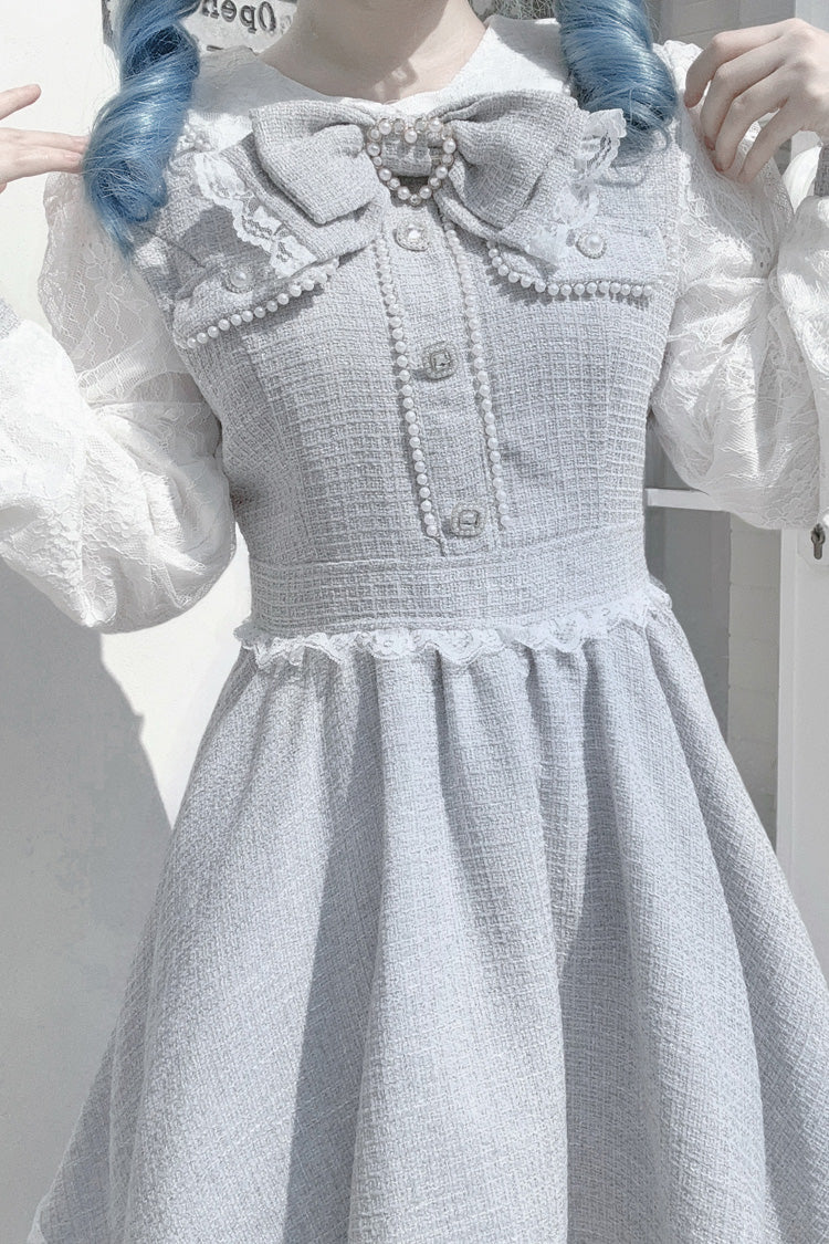 Grey Long Sleeves Bowknot Lace Pearl Sweet Jirai Kei Dress - Product - 5