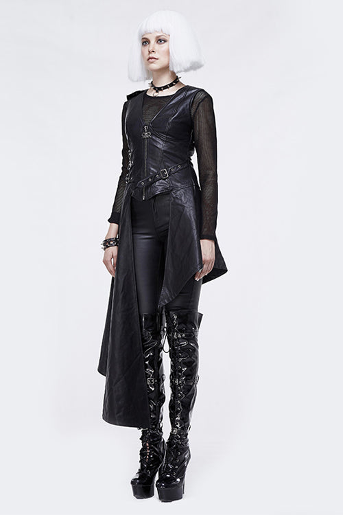 Black Zipper Up Asymmetric Sleeveless Womens Punk Rock Mid Length Leather Dress - Product - 3
