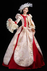 Wine/Golden Stitching Court Style High Waisted Trumpet Sleeves Embroidery Floral Print Victorian Lolita Prom Dress - Product - 4