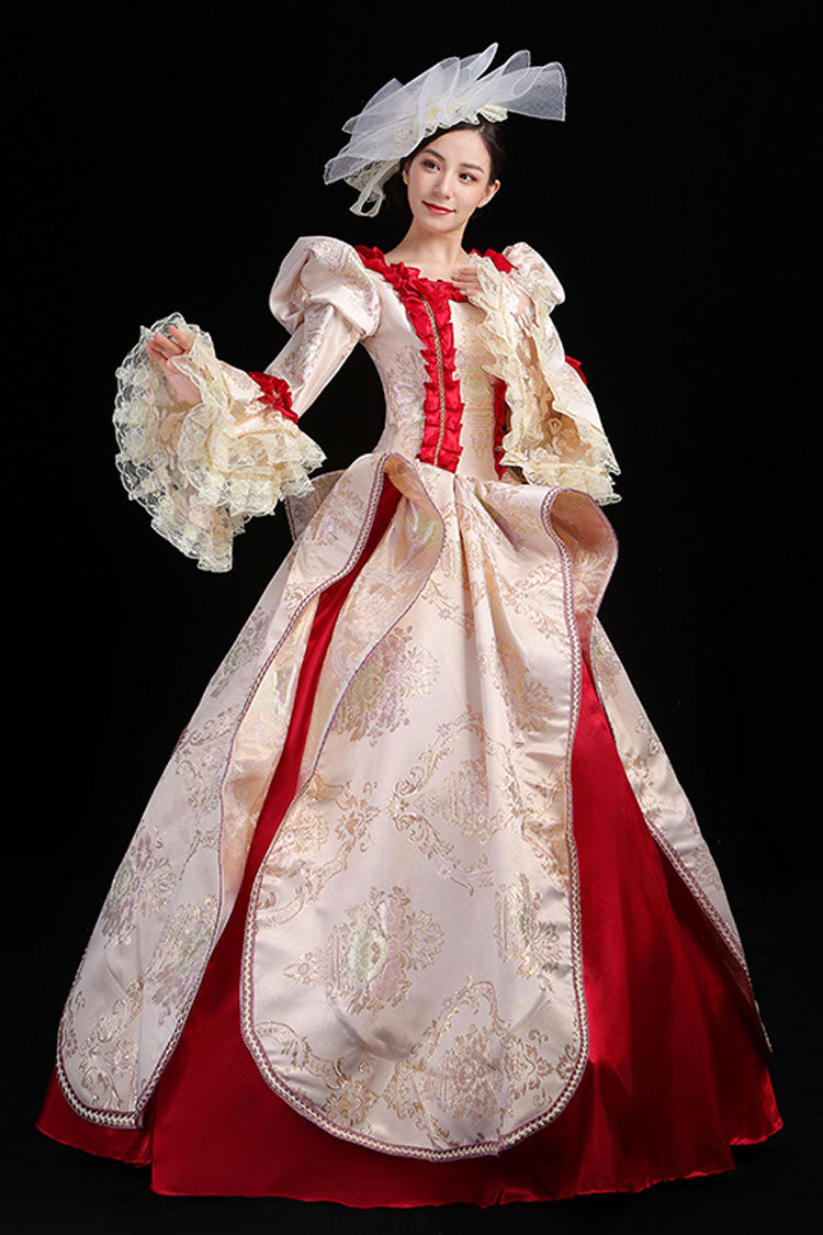 Wine/Golden Stitching Court Style High Waisted Trumpet Sleeves Embroidery Floral Print Victorian Lolita Prom Dress - Product - 4