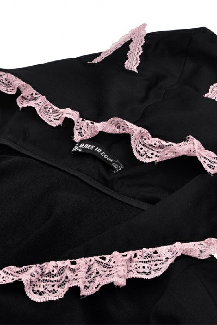 Black/Pink Short Puff Sleeves Lace Ruffled Lace-Up Zippered Women's Lolita Gothic Crop Top with Cat Hood - Product - 11