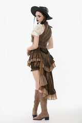 Brown Point Lapel Collar Sleeveless Women's Steampunk Utility Vest with Cargo Pockets - Product - 11