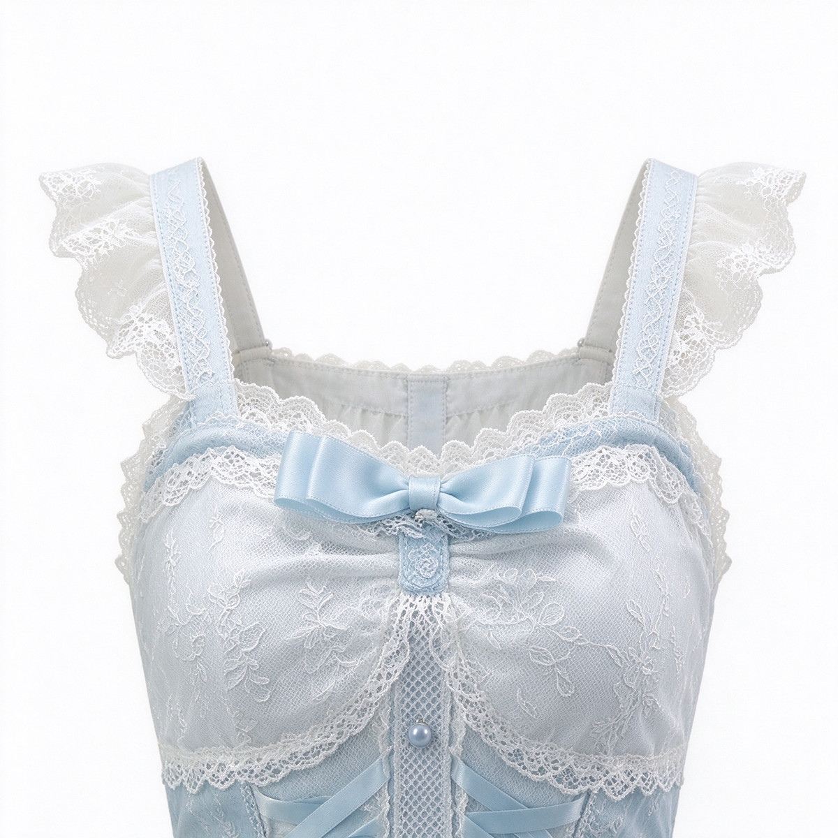 Pink and Light Blue Ruffled Lace Strap Dress with Bow Accent - view 2
