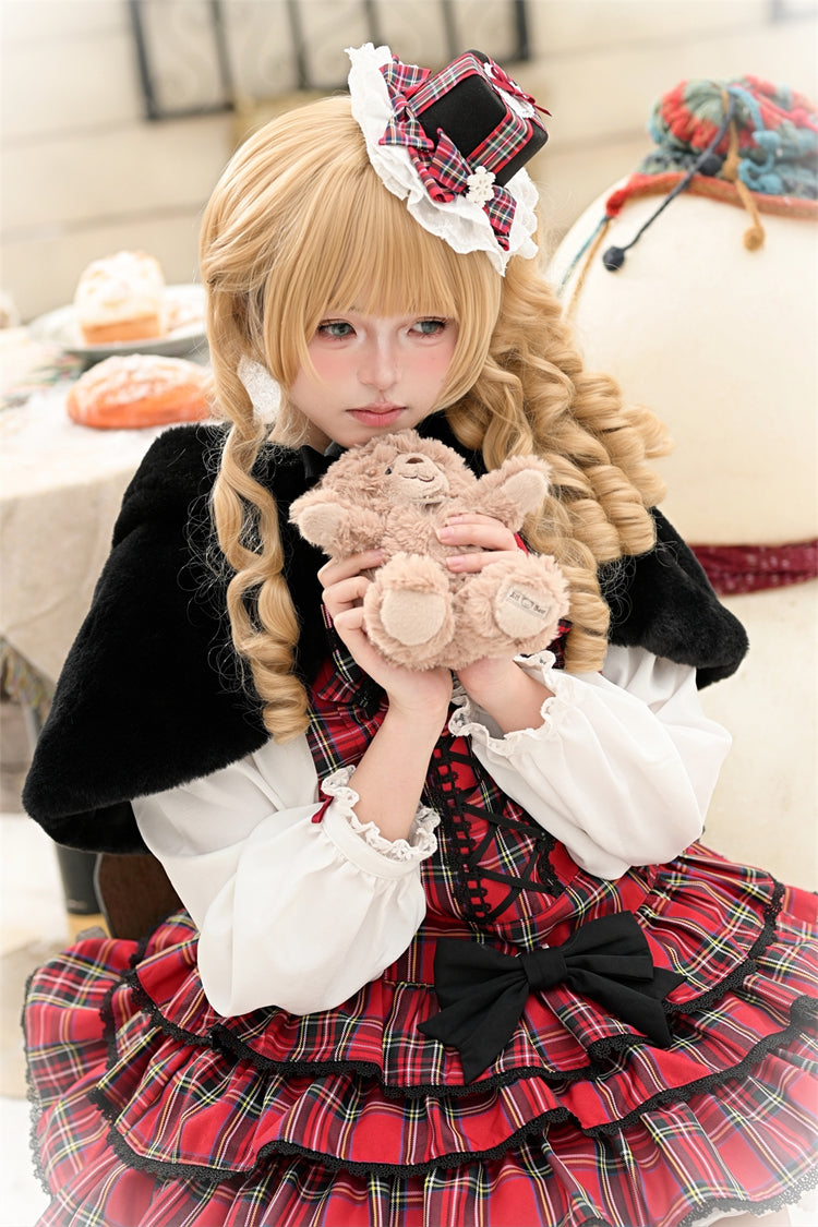 Red [Christmas Velvet Cake] Triple-Layered Printed Ruffled Bow Lace-Up Gothic Elegant Lolita Jsk Dress - Product - 27