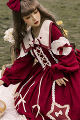 Round Collar Chiffon Ruffled Lantern Sleeves Pentagram Embroidered High Waisted Sweet Lolita OP Dress - Product - 4