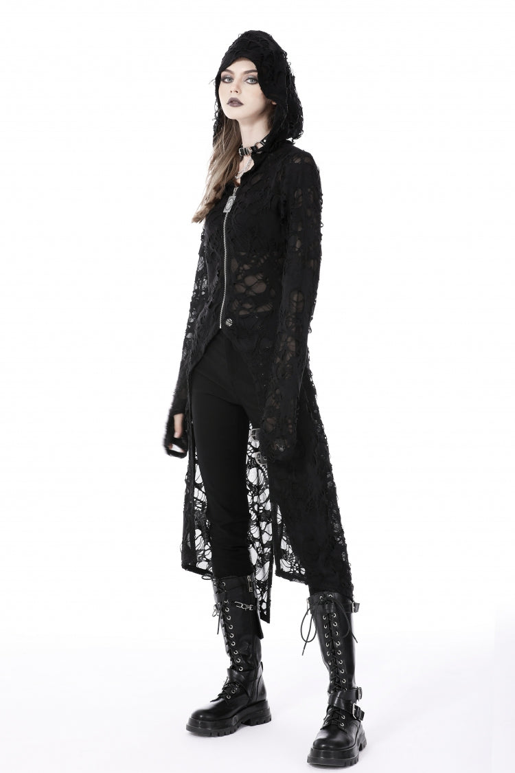 Black Long Sleeves Split Ripped Zippered Women's Punk Long Coat with Hood - Product - 6