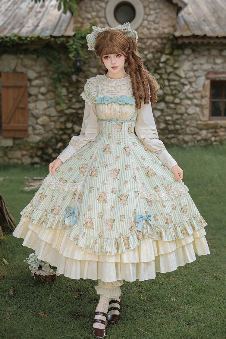 Green [An Encounter with Austin] Square Collar Short Sleeves Multi-Layered Rose Printed Ruffled Bow Lace Sweet Lolita Dress 2 Versions - Product - 21
