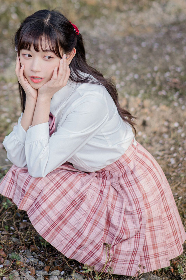 Pink College Style Plaid Stripe Print Sweet Japanese School Pleated Skirt - Product - 6