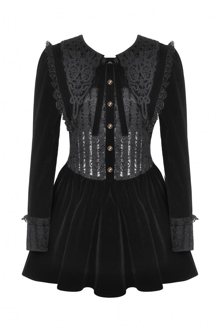 Black Long Sleeves Lace Women's Gothic Velvet Short Dress - Product - 3