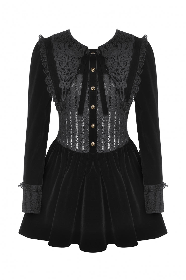 Black Long Sleeves Lace Women's Gothic Velvet Short Dress - Product - 3
