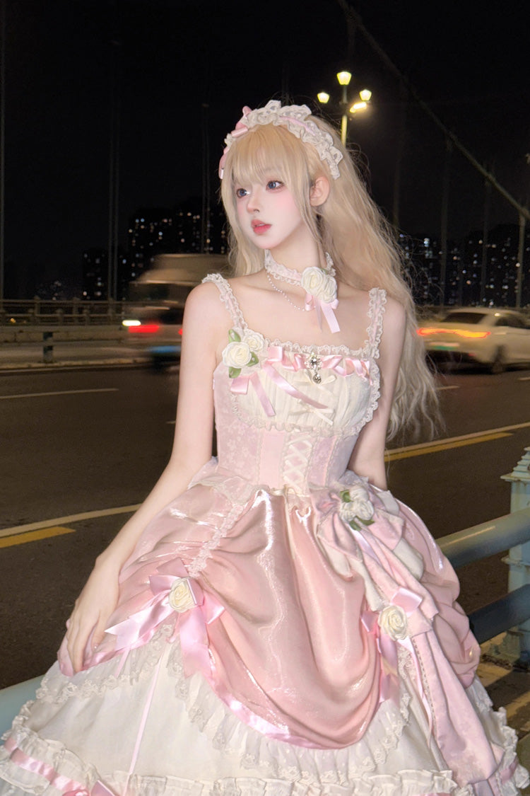 Apricot/Pink Multi-layer Ruffle Hanayome Bowknot Sweet Princess Gorgeous Long Lolita Jsk Dress - Product - 5
