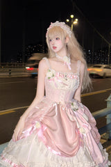 Apricot/Pink Multi-layer Ruffle Hanayome Bowknot Sweet Princess Gorgeous Long Lolita Jsk Dress - Product - 5