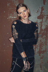 Black Punk Rock Broken Holes Long Sleeves Skull Nail Knitted Mens T-Shirt - Product - 4