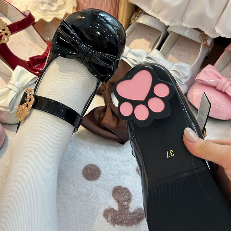 Cute Cat Element Round-Toe Bow Mary Jane Shoes with Cat Paw Heels 7 Colors - Black - 5