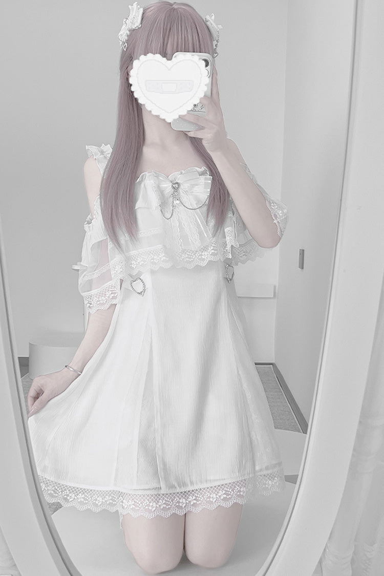 White [Pear Moon] Ruffle Bowknot Lace Jirai Kei Japanese Dress - Product - 6