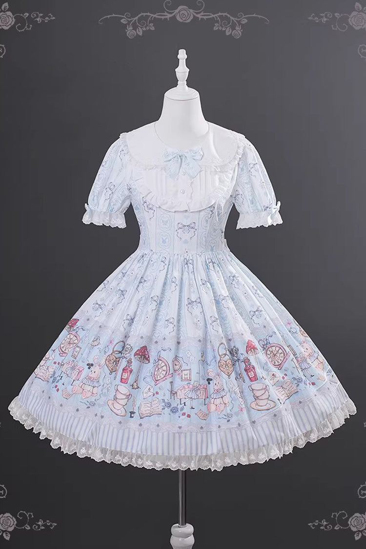 Light Blue [Alice’s Fantasy Tale] Doll Collar Short Sleeves Printed Bow Sweet Lolita Dress - Product - 3