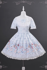 Light Blue [Alice’s Fantasy Tale] Doll Collar Short Sleeves Printed Bow Sweet Lolita Dress - Product - 3