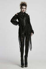 Black V Collar Sleeveless Stitching Lace-Up Irregular Mesh Women's Gothic Long Vest - Product - 4