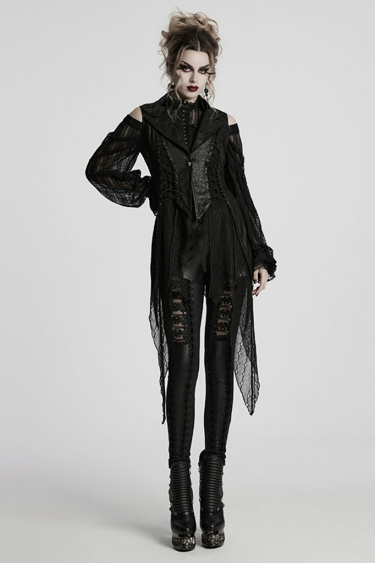 Black V Collar Sleeveless Stitching Lace-Up Irregular Mesh Women's Gothic Long Vest - Product - 4