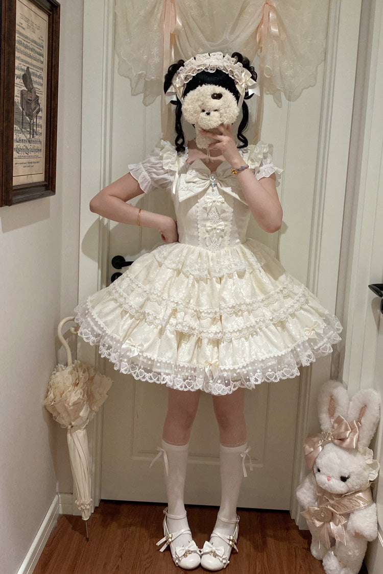 Beige [Sweet Mist Cherry Romance] Sleeveless Multi-Layered Hanayome Bow Lace Lolita Jsk Dress - Product - 3