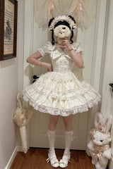Beige [Sweet Mist Cherry Romance] Sleeveless Multi-Layered Hanayome Bow Lace Lolita Jsk Dress - Product - 3