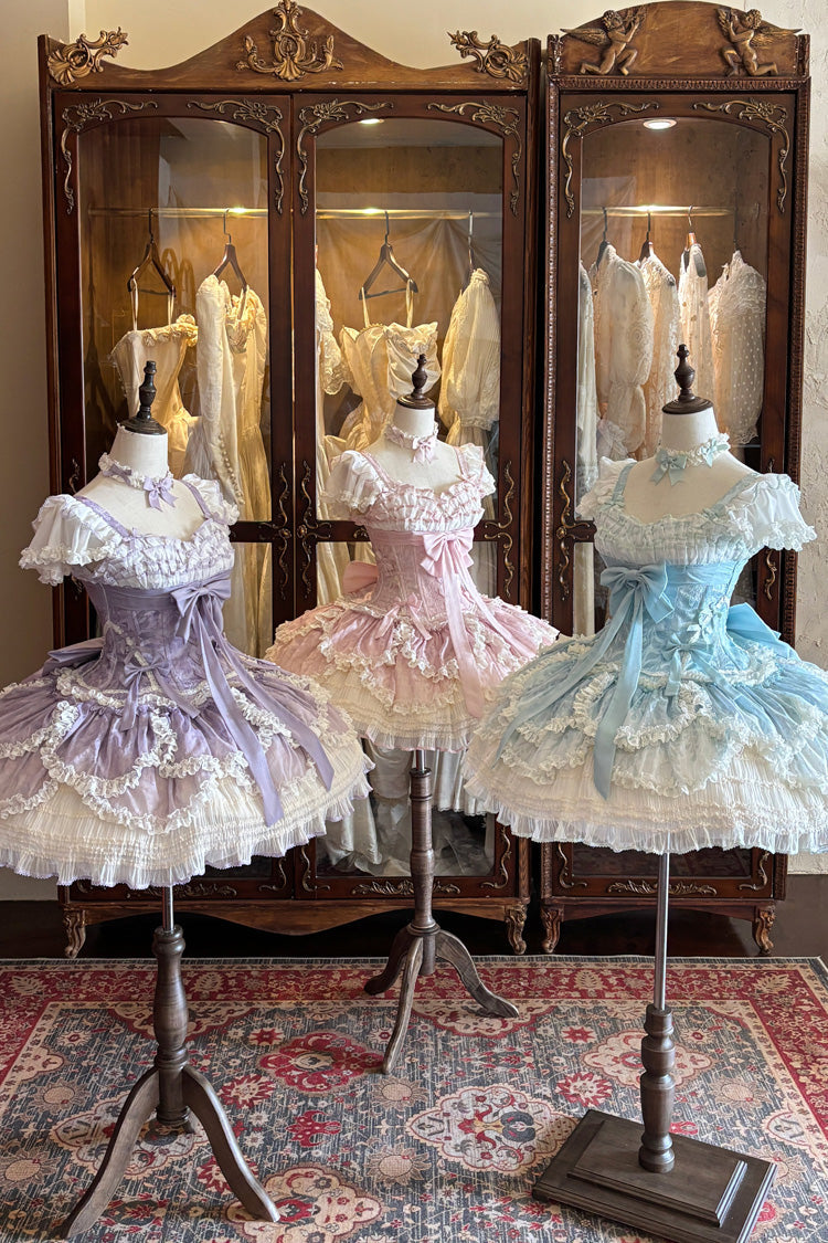 Pink [Floral Dream] Short Sleeves Multi-Layered Ruffle Embroidery Bowknot Lace-Up Sweet Elegant Ballet Lolita Jsk Dress - Product - 5