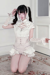 Jirai Kei Lapel Collar Short Sleeves Printed Ruffled Cut-Out Lace Sweet Japanese Knight Shorts Set 2 Colors - Product - 8